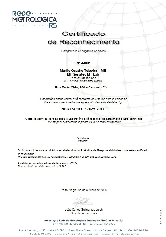Certificado de reconhecimento - Ensaios Mecânicos